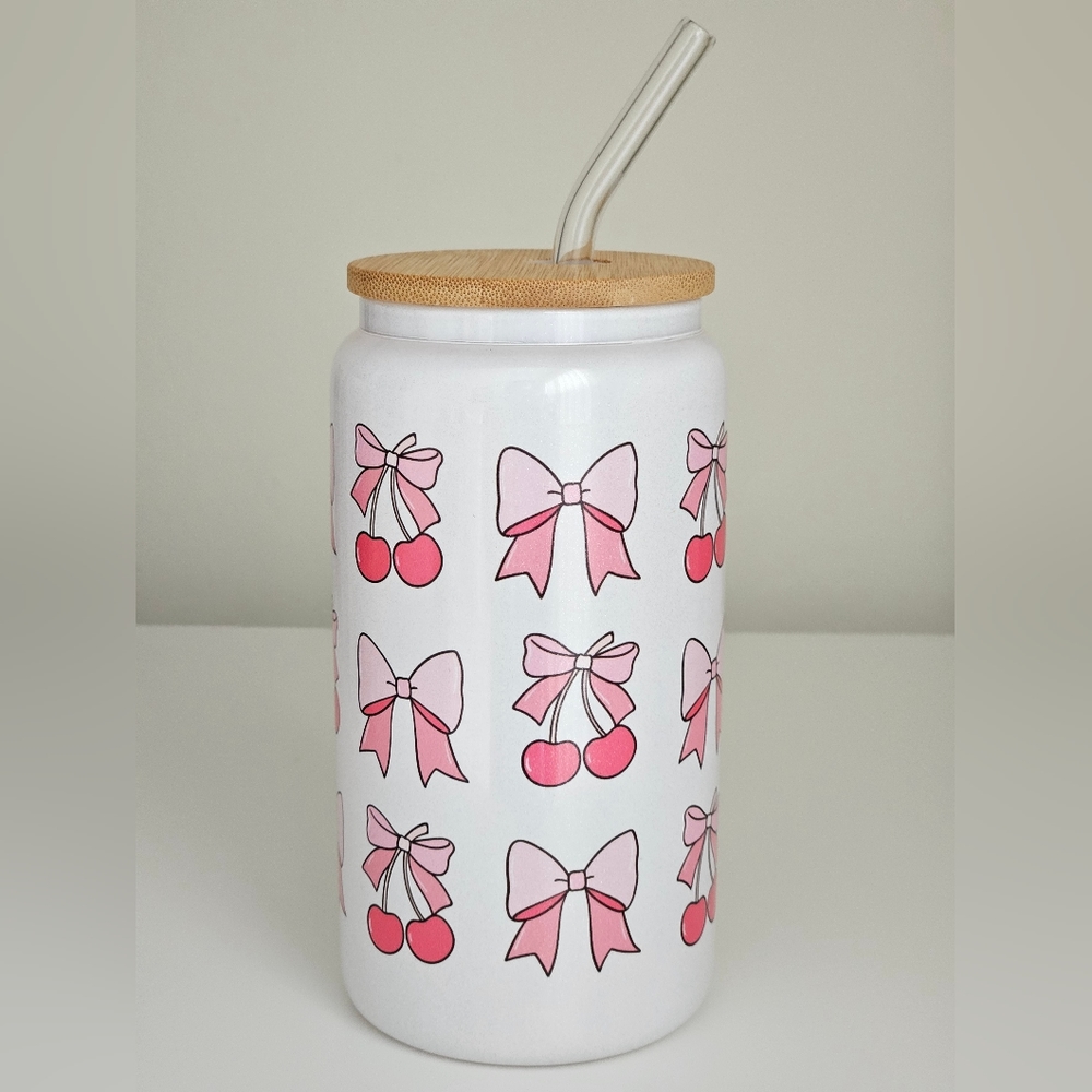 Coquette Bow Iridescent Shimmer White Glitter Beer Can Glass Cup